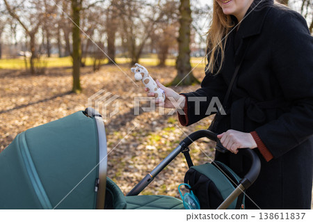 Mother holding baby toy while standing next to stroller in park, outdoor parenting and childcare lifestyle concept. 138611837