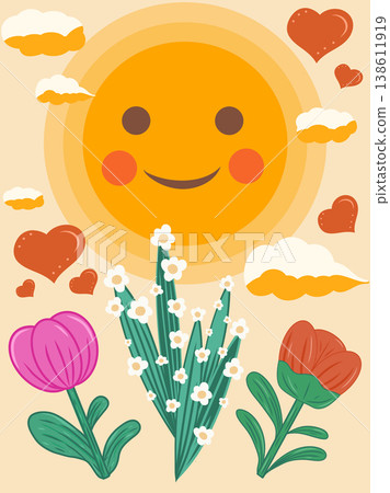 快樂太陽與花朵和愛心插圖 138611919