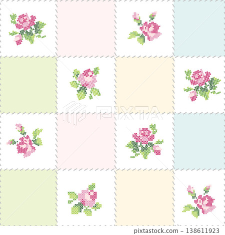 Seamless Patchwork Pattern Cross Stitch Roses Embroidery Floral Quilt Background Pastel Vector 138611923