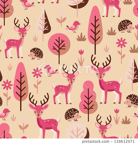 Premium seamless woodland pattern featuring cute deer and hedgehogs in soft pink tones. Ideal for luxury nursery decor, baby textiles, and wallpaper. 138612071