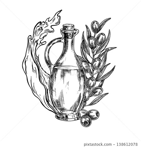 A glass jar with oil, a splash of oil, and an olive branch. Black and white graphic vector illustration drawn by hand. A design element for menus, recipes, and cookbooks, packaging, labels, and more. A glass jar with oil, a splash of oil, and an olive branch. Black and white graphic vector illustration drawn by hand. A design element for menus, recipes, and cookbooks, packaging, labels, and more. 138612078