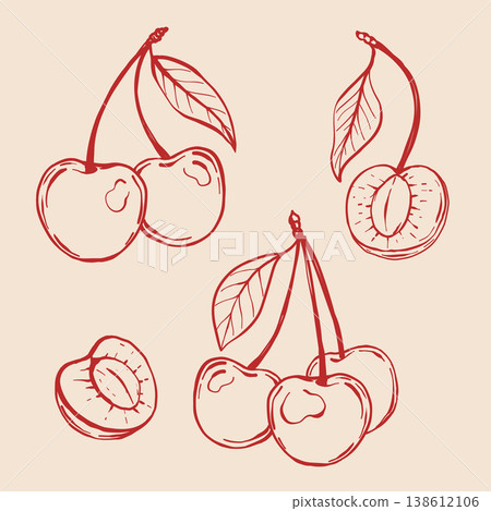 Set of red cherries with bows. Cute vintage elements collection. Flat vector illustrations set. Trendy chery vibe for design. 138612106