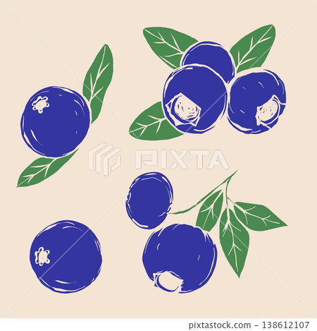 Blueberries and leaves printed on risograph, background for fabrics, textiles, packaging and wallpaper. Vector illustration 138612107