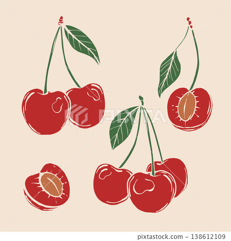 Red cherry. The effect of risograph printing. Design element for posters, postcards, greeting cards, wallpapers, fabrics, t-shirts, logos Red cherry. The effect of risograph printing. Design element for posters, postcards, greeting cards, wallpapers, fabrics, t-shirts, logos 138612109