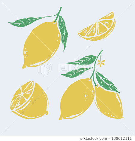 Lemon illustration with whole and sliced lemons on light background 138612111