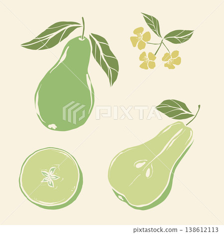 Green pear illustrations with leaves and flowers on a light background 138612113