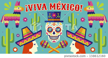 Viva Mexico! Cinco de Mayo festive poster. Vibrant vector illustration. Viva Mexico! Cinco de Mayo festive poster. Vibrant vector illustration. 138612160