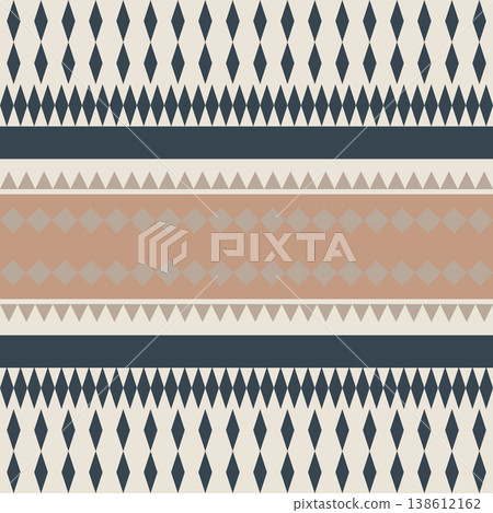 Seamless geometric pattern with earthy boho horizontal stripes, tribal diamonds, and triangles. 138612162