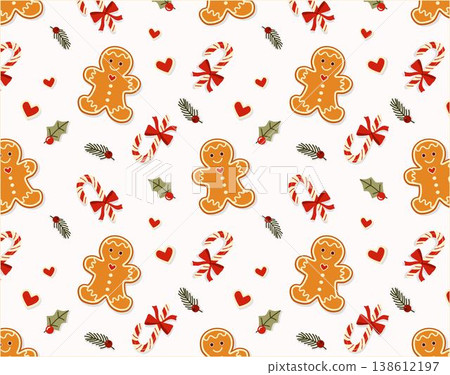 Festive seamless pattern with gingerbread men, candy canes, red hearts, holly leaves and pine branches on white background. Cute Christmas vector backdrop for gift wrap, textile, holiday decor. Festive seamless pattern with gingerbread men, candy canes, red hearts, holly leaves and pine branches on white background. Cute Christmas vector backdrop for gift wrap, textile, holiday decor. 138612197