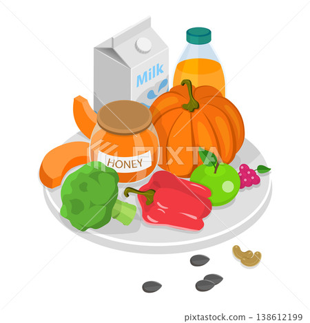 3D Isometric Flat Vector Set of Vegetarian Food Plates, Organic Grocery Products. Item 5 3D Isometric Flat Vector Set of Vegetarian Food Plates, Organic Grocery Products. Item 5 138612199