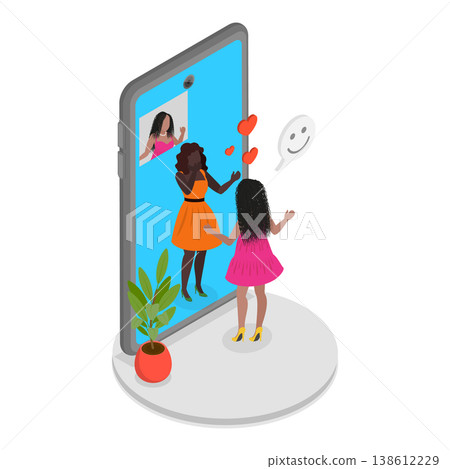 3D Isometric Flat Vector Illustration of Phone in a Dialogue Scene, Laughing Girls Communicate On Cellphone Using Reliable Mobile Provider Network.. Item 2 138612229