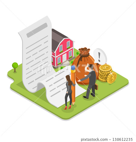3D Isometric Flat Vector Illustration of Home Loan Agent Checking Credit History, Mortgage Broker Services. Item 2 138612235
