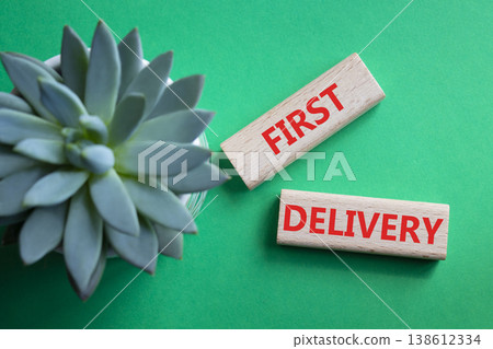 FIRST DELIVERY symbol. Concept word FIRST DELIVERY on wooden blocks. Beautiful green background with succulent plant. Business and FIRST DELIVERY concept. Copy space 138612334