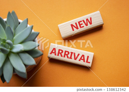 NEW ARRIVAL symbol. Concept word NEW ARRIVAL on wooden blocks. Beautiful orange background with succulent plant. Business and NEW ARRIVAL concept. Copy space NEW ARRIVAL symbol. Concept word NEW ARRIVAL on wooden blocks. Beautiful orange background with succulent plant. Business and NEW ARRIVAL concept. Copy space 138612342