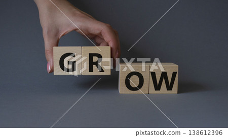 Grow symbol. Concept word Grow on wooden cubes. Beautiful grey background. Businessman hand. Business and Grow concept. Copy space. Grow symbol. Concept word Grow on wooden cubes. Beautiful grey background. Businessman hand. Business and Grow concept. Copy space. 138612396
