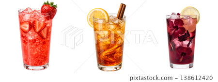 Refreshing assortment of colorful iced beverages including lemonade, iced tea, and fruit drinks in glasses with ice cubes and straws, perfect for summer menus 138612420