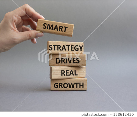 Growth symbol. Wooden blocks with words Smart strategy drives real growth. Businessman hand. Beautiful grey background. Business and Growth concept. Copy space 138612430