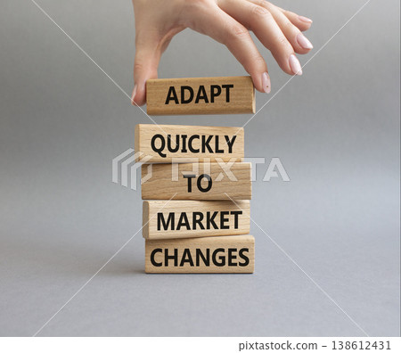 Market Changes symbol. Wooden blocks with words Manage and Adapt quickly to market changes. Businessman hand. Beautiful grey background. Businessman hand. Business and Market Changes concept. Copy Market Changes symbol. Wooden blocks with words Manage and Adapt quickly to market changes. Businessman hand. Beautiful grey background. Businessman hand. Business and Market Changes concept. Copy 138612431