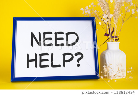 Need Help symbol. Concept words Need Help on beautiful wooden picture frame. Beautiful yellow background with flower vase. Business and Need Help concept. Copy space. Need Help symbol. Concept words Need Help on beautiful wooden picture frame. Beautiful yellow background with flower vase. Business and Need Help concept. Copy space. 138612454