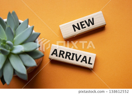 NEW ARRIVAL symbol. Concept word NEW ARRIVAL on wooden blocks. Beautiful orange background with succulent plant. Business and NEW ARRIVAL concept. Copy space NEW ARRIVAL symbol. Concept word NEW ARRIVAL on wooden blocks. Beautiful orange background with succulent plant. Business and NEW ARRIVAL concept. Copy space 138612552