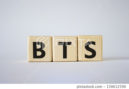 BTS symbol. Wooden cubes with word BTS. Beautiful white background. BTS concept. Copy space. BTS symbol. Wooden cubes with word BTS. Beautiful white background. BTS concept. Copy space. 138612590
