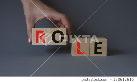 Role symbol. Concept word Role on wooden cubes. Businessman hand. Beautiful grey background. Business and Role concept. Copy space. 138612616