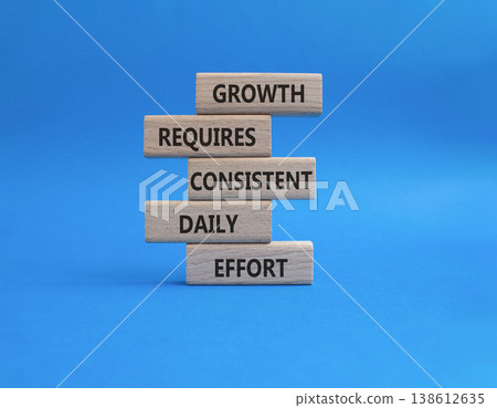 GROWTH symbol. Wooden blocks with words GROWTH REQUIRES CONSISTENT DAILY EFFORT. Beautiful blue background. Business and GROWTH concept. Copy space 138612635