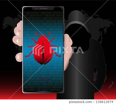 A hacker's hand holding a cellphone that has malware on it. A hacker's hand holding a cellphone that has malware on it. 138612674