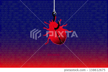 Malware bug hanging on a hook. Malware removal, IT Security Concept Design. Malware bug hanging on a hook. Malware removal, IT Security Concept Design. 138612675