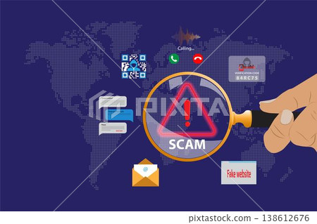 Scam Alert Concept. Investigating a Threat with Magnifying Glass with warning sign for scams. System Warning or potential malicious cyber attack alert. 138612676