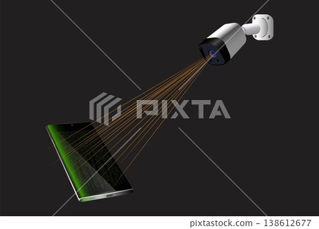 Spyware concept. cctv camera monitoring smartphone. collect information, steal data, monitor camera and microphone. Spyware concept. cctv camera monitoring smartphone. collect information, steal data, monitor camera and microphone. 138612677