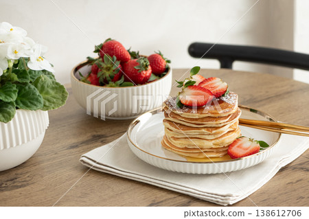 Pancakes with Strawberries and Coffee. Breakfast on Sunny Morning 138612706