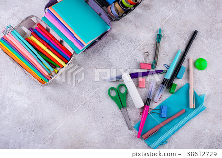 Decluttering concept. Stationery organization on work desk Decluttering concept. Stationery organization on work desk 138612729