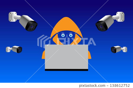 CCTV cameras monitor computer and laptop users. Collecting information, stealing data, monitoring cameras and microphones. Spyware concept. 138612752
