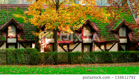 autumn country side colorful cottage in European village in October colors, surrounded by a hedge and grassy lawn with fallen leaves autumn country side colorful cottage in European village in October colors, surrounded by a hedge and grassy lawn with fallen leaves 138612792