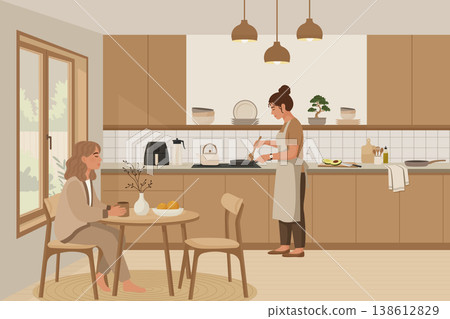Women in kitchen cooking and drinking coffee in japandi style interior vector illustration. 138612829