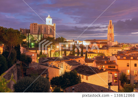 Sunset panoramic view of Girona old town and cathedral in Spain Sunset panoramic view of Girona old town and cathedral in Spain 138612868