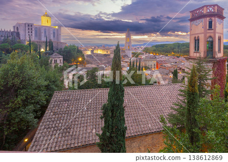 Sunset panoramic view of Girona old town and cathedral in Spain 138612869