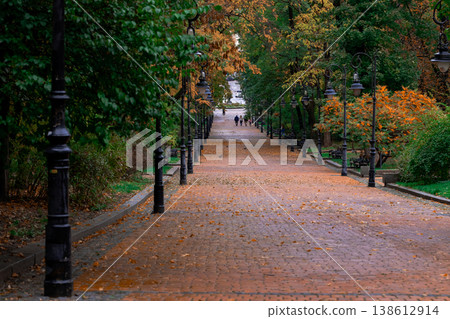 calm peaceful autumnal scene of a brick pathway lined with black lampposts and trees displaying vibrant orange and green foliage 138612914