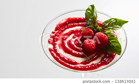 Gourmet panna cotta served in a martini glass with a vibrant raspberry coulis swirl and fresh mint 138613081