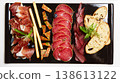 A multi-sensory charcuterie board featuring premium sliced salami, prosciutto 138613122