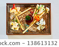 Cheese board featuring blue cheese, brie, and hard cheeses 138613132