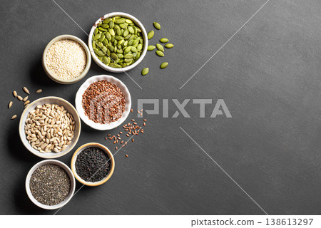 Assortment of seeds in bowls for healthy eating Assortment of seeds in bowls for healthy eating 138613297