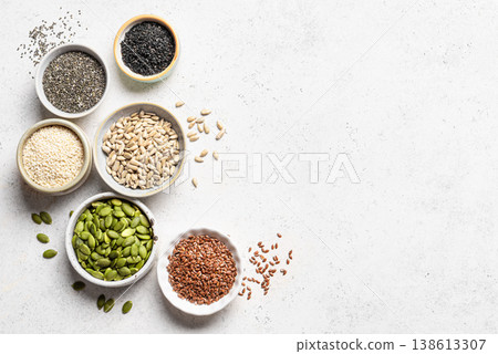 Assortment of seeds in bowls for healthy eating Assortment of seeds in bowls for healthy eating 138613307
