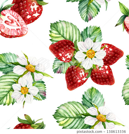 Watercolor strawberry seamless pattern with berries, slices, flowers and leaves, hand painted botanical repeat texture on light background for textile, wrapping paper, wallpaper and kitchen decor art Watercolor strawberry seamless pattern with berries, slices, flowers and leaves, hand painted botanical repeat texture on light background for textile, wrapping paper, wallpaper and kitchen decor art 138613336