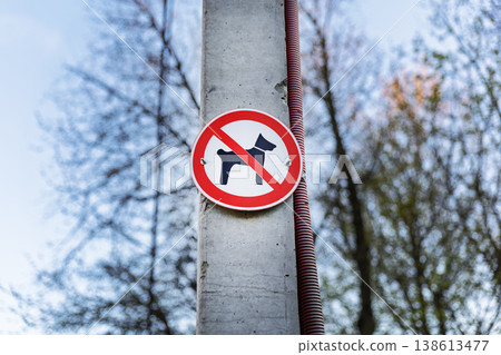 No Dogs Allowed Sign Mounted on a Utility Pole in a Public Park No Dogs Allowed Sign Mounted on a Utility Pole in a Public Park 138613477