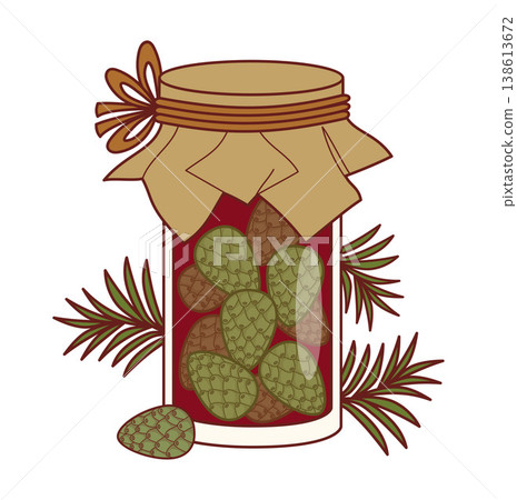Young Green Pine Cones In Syrup. Glass Jar With Coniferous Elixir And Craft Paper Cover With Twine And Bow. Homemade Natural Preserve. Botanical Vector Illustration. Young Green Pine Cones In Syrup. Glass Jar With Coniferous Elixir And Craft Paper Cover With Twine And Bow. Homemade Natural Preserve. Botanical Vector Illustration. 138613672