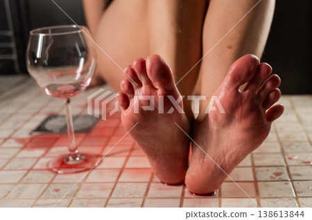 Foot fetish. A woman pours wine from a glass onto her feet in the shower. Foot fetish. A woman pours wine from a glass onto her feet in the shower. 138613844