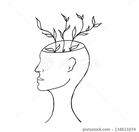 Concept line art illustration of a human head with plants growing out of it, mental health and personal growth concept. Concept line art illustration of a human head with plants growing out of it, mental health and personal growth concept. 138613874