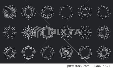 Sunburst elements set design. Collection with circular line sun with rays, radial starburst symbols, fireworks explosion ornaments, shiny sparks around stars, sparkle sunshine. Vector illustration. Sunburst elements set design. Collection with circular line sun with rays, radial starburst symbols, fireworks explosion ornaments, shiny sparks around stars, sparkle sunshine. Vector illustration. 138613877